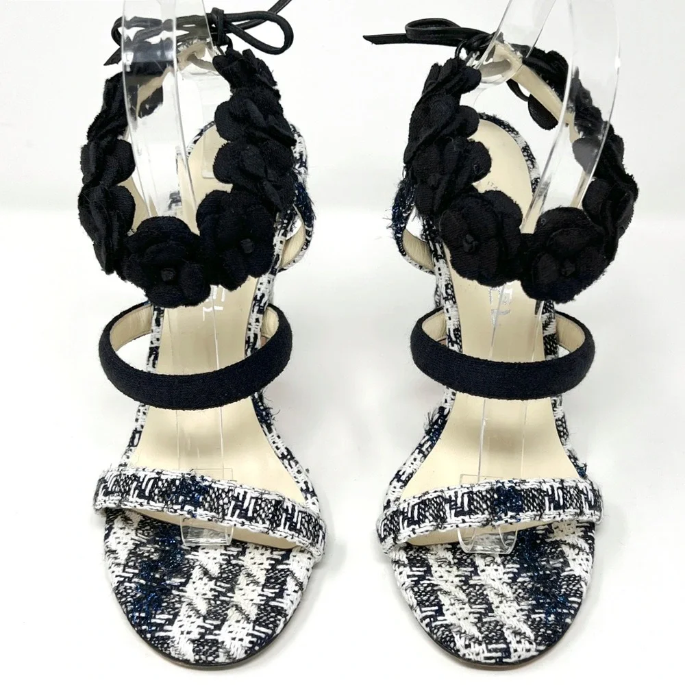 Chanel Tweed Camellia CC Pumps Black White Heels 37.5 - Picture 2 of 10